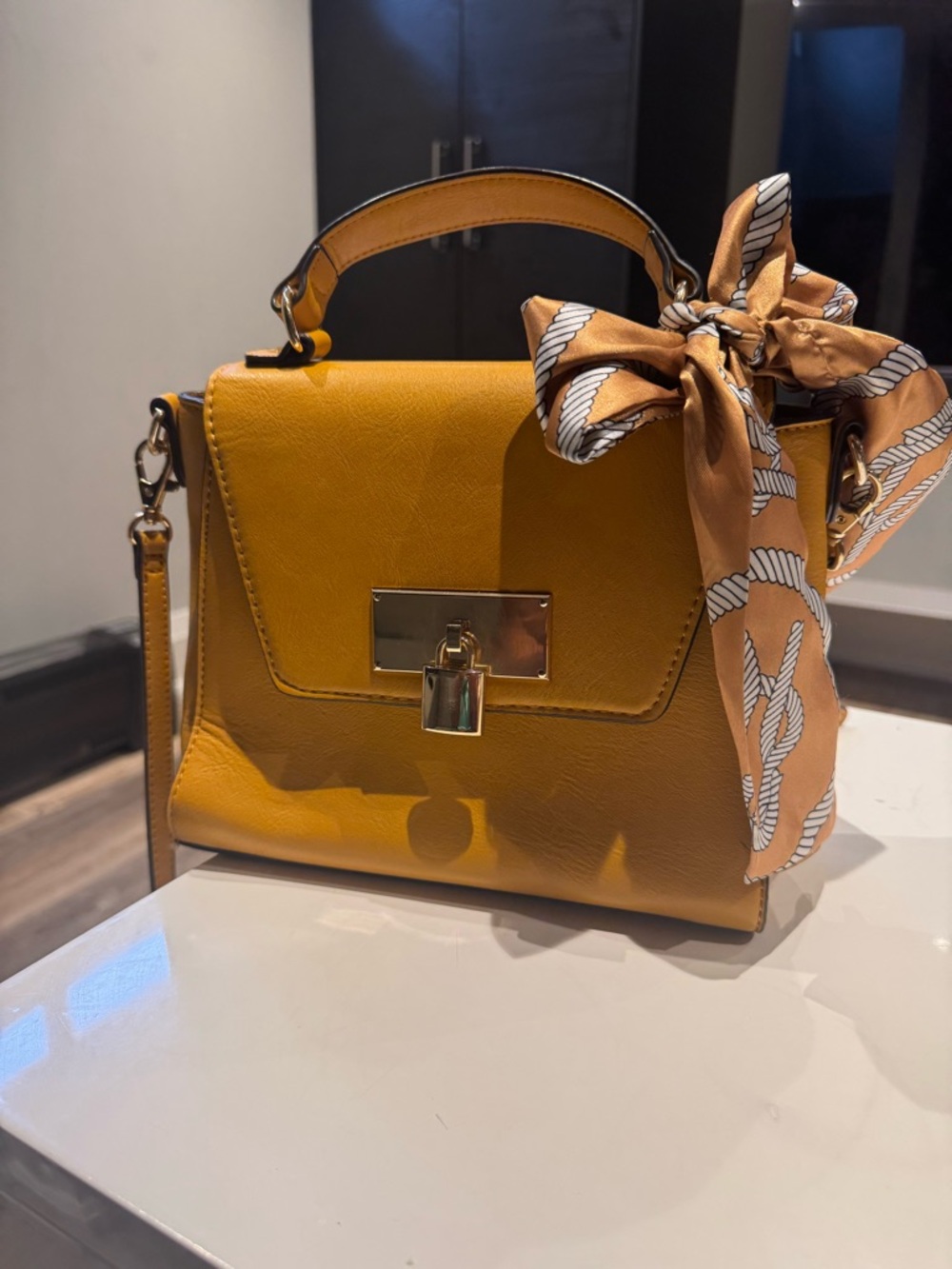 Aldo Mustard Satchel with Scarf Accent